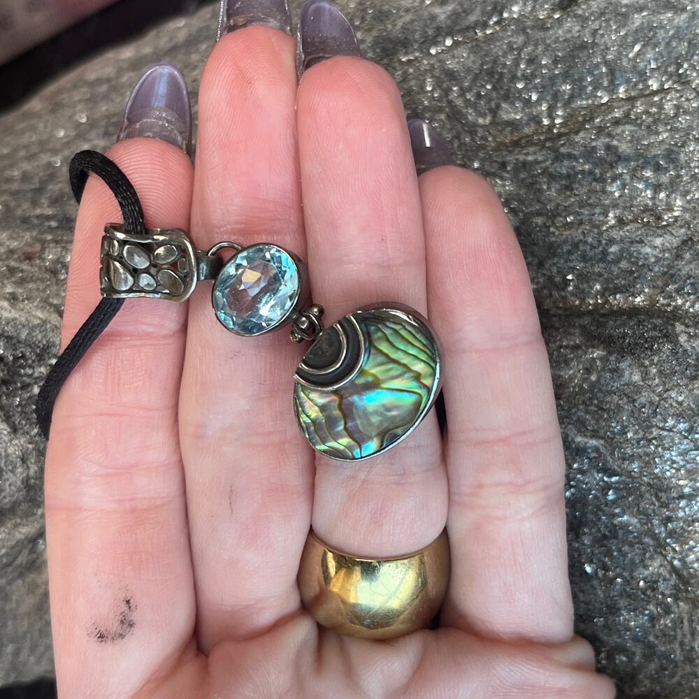 Vintage Estate Abalone and Blue Topaz Stone Pendant Necklace 925 Sterling Silver